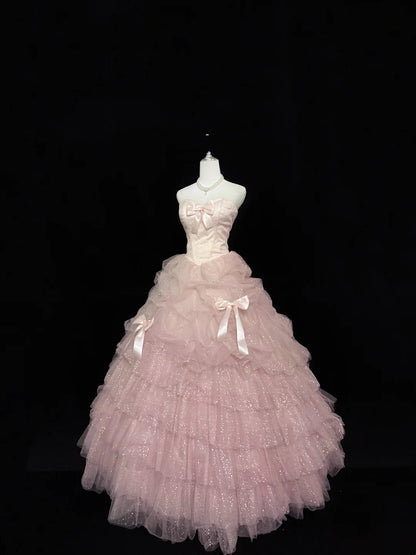 Sweet 16 Kleider langes Ballkleid Sweet Sixteen langes Geburtstagskleid herzförmiger Ausschnitt zartrosa Tüll Abendkleid RC0290