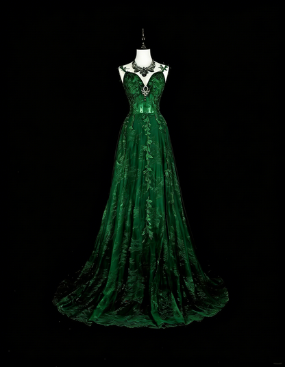 Schlichtes, langes A-Linien-Abendkleid mit Spaghettiträgern aus dunkelgrünem Tüll und Applikationen, Modell N1847