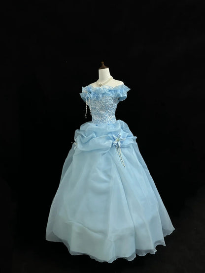 Blue Sweet 16 Dresses Long Ball Gown Off Shoulder With Ruffled Lace Sweet Sixteen Birthday Gown RC0229