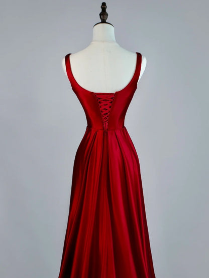 Robe de bal longue sirène en satin bordeaux à col carré, inspiration robe de princesse, robe de remise de diplôme N1086