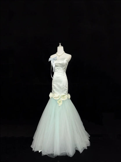 Prom Dress Long Floor Length Mermaid Sweetheart Tulle Sage Green With Flowers Formal Evening Gown For Women RC0307