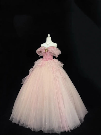 Sweet 15 Quinceanera Dress Ball Gown Off Shoulder Blush Pink With Sleeves Long 15th Birthday Gown RC0323