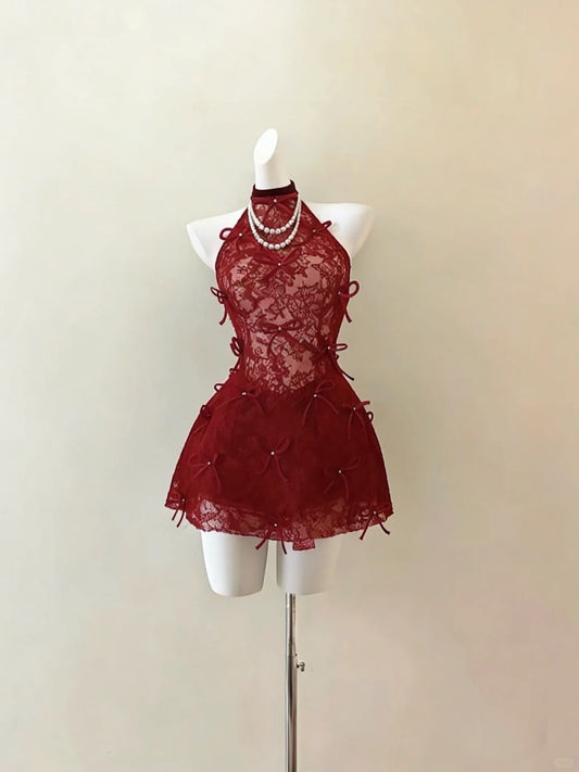 Elegant A line Halter Dark Red Lace Mini Short Cocktail Gown Homecoming Dresses Ideas Hoco Outfits RB4830