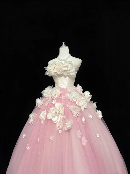 Sweet 16 Dresses Long Ball Gown Sweet Sixteen Long Birthday Dress Strapless Pink Tulle Formal Gown RC0332