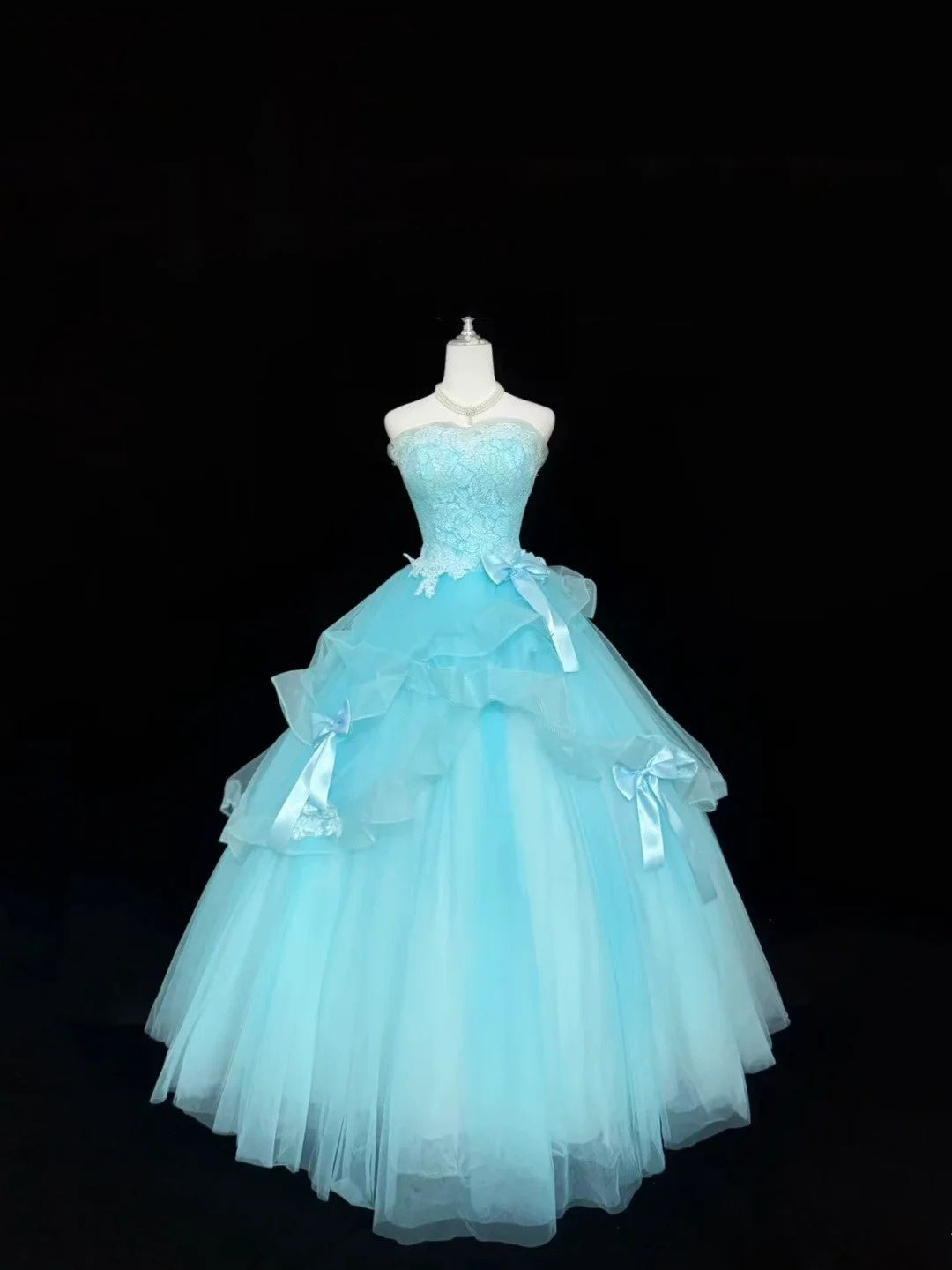 Sweet 15 Quinceanera Dress Ball Gown Sweetheart Blue With Lace Tiered Tulle 15th Birthday Gown RC0146