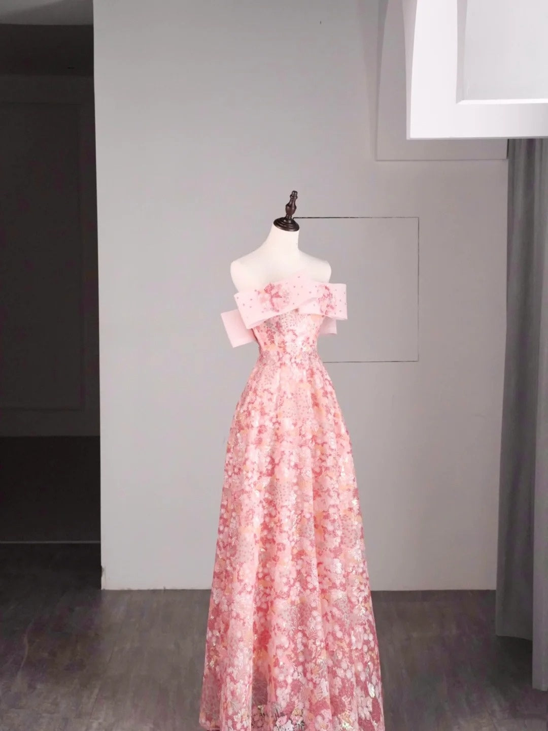 Robe de bal longue rose à sequins, élégante, coupe trapèze, épaules dénudées, pour adolescentes - Tenue de soirée formelle N1079