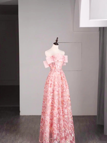 Robe de bal longue rose à sequins, élégante, coupe trapèze, épaules dénudées, pour adolescentes - Tenue de soirée formelle N1079