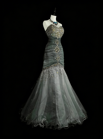 Esthétique Robes de Bal Vintage Années 50 Rétro Sirène Cœur Robe de Soirée Longue Grise N2022