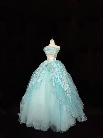 Cute Sweet 16 Dresses Long Ball Gown Strapless Blue Lace Tulle Formal Sweet Sixteen Birthday Gown RC0264