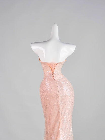 Robe de bal de fin d'année rose sirène élégante, sans bretelles, à sequins et sans manches, N1287
