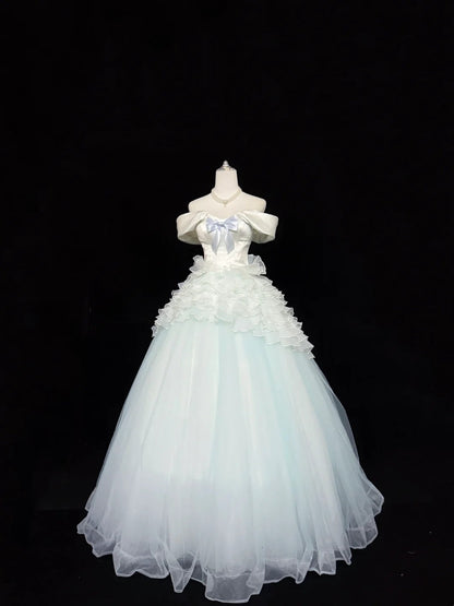 Tulle Prom Dress Long Floor Length Ball Gown Off Shoulder With Bow-knot Formal Evening Gown For Women RC0246