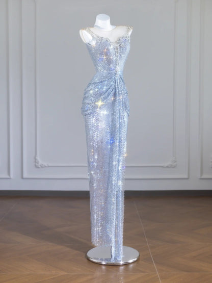 Robe de bal longue sirène à paillettes argentées et perles, col rond, style sirène, idéale pour les fêtes et les anniversaires (N406)