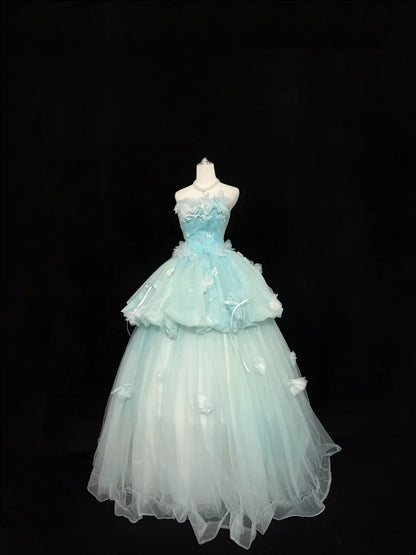 Sweet 16 Kleider langes Ballkleid Sweet Sixteen langes Geburtstagskleid trägerloses blaues Tüll-Abendkleid RC0321