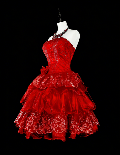 Robe de bal bustier en dentelle rouge unique, inspiration vintage, mode années 2000, robes de bal de promo courtes, inspiration robes de retour à la maison N2012