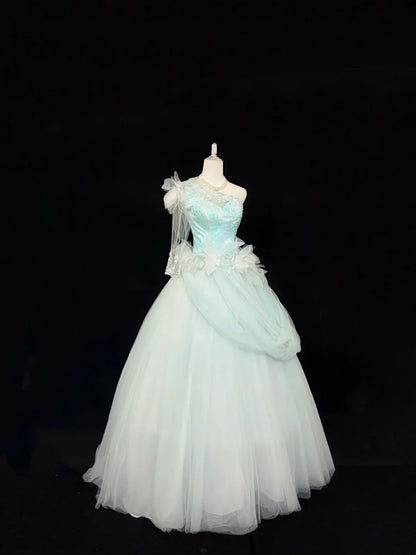 Sweet 16 Dresses Long Ball Gown Sweet Sixteen Long Birthday Dress One Shoulder Blue Tulle Formal Gown RC0292