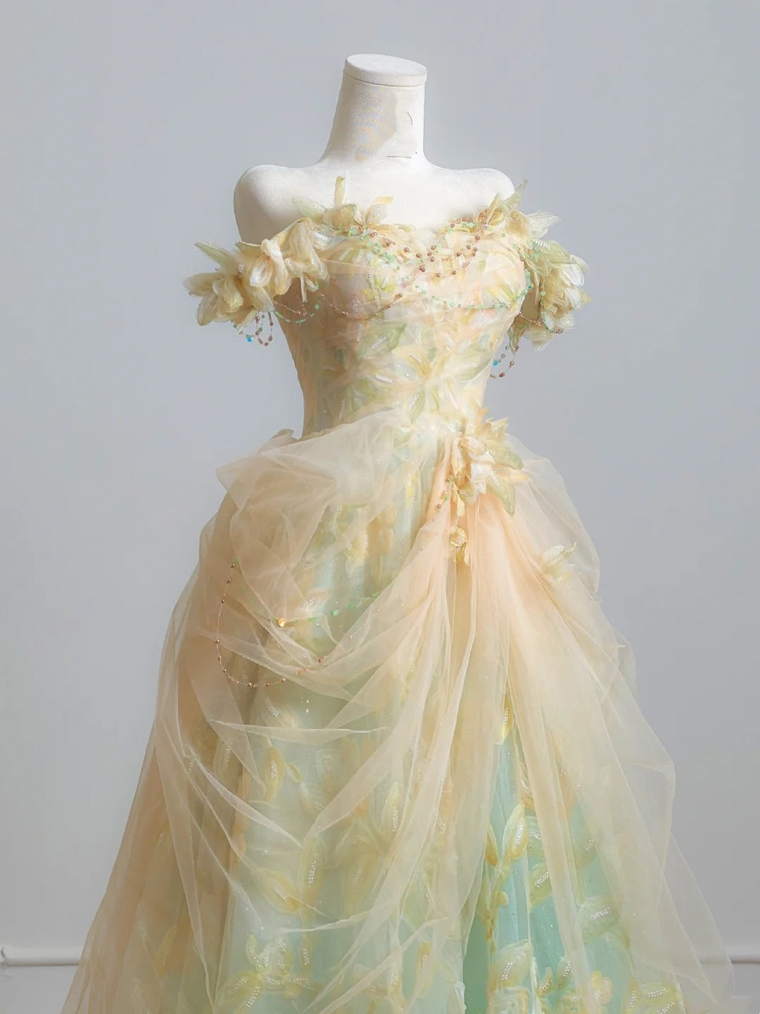 Robe de bal féérique à épaules dénudées en tulle vert à fleurs, longue robe de soirée formelle, robe d'anniversaire formelle, robe de bal N729