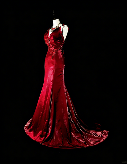 Vintage Prom Dresses Aesthetic Mermaid Spaghetti Straps Burgundy Classic Inspo Formal Party Dress N1993