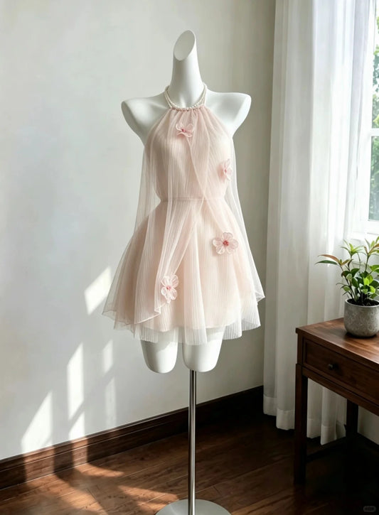 Pretty A line Halter Pink Tulle With Flowers Mini Short Cocktail Homecoming Dresses Ideas Hoco Outfits RB4893