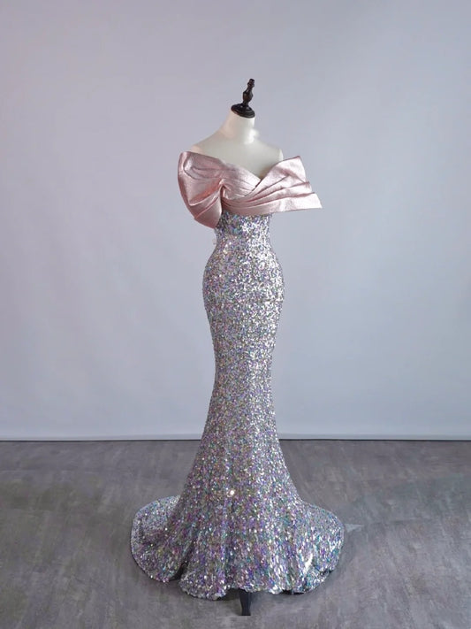 Robe de bal longue sirène à paillettes argentées, épaules dénudées, manches courtes, N685
