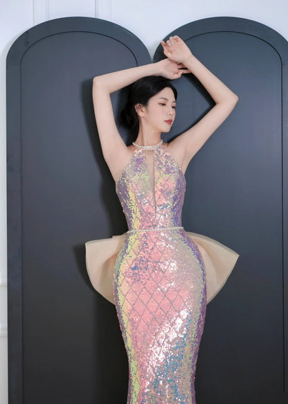 Robe de bal longue sirène à sequins, dos nu, style modeste, pour lycéennes et adolescentes, tenue de soirée de fin d'année AB2525