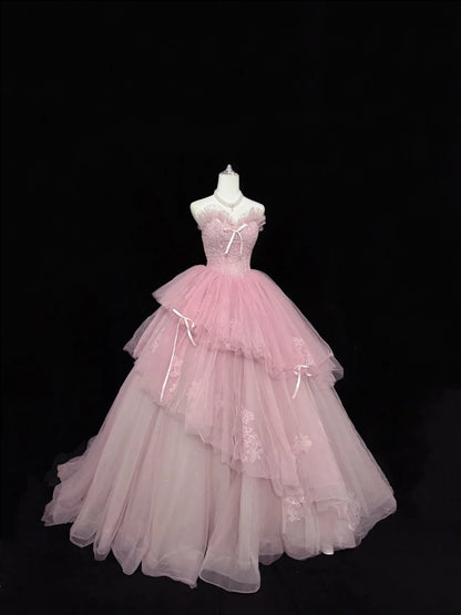 Sweet 15 Quinceanera Dress Ball Gown Sweetheart Pink With Lace Appliqued Tiered 15th Birthday Gown RC0237