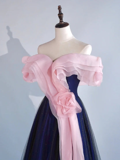 Robe de bal élégante et discrète, épaules dénudées, en tulle bleu et rose, idéale pour une soirée étudiante ou un bal de fin d'année (Sweet 16), robe longue pour adolescentes N1164