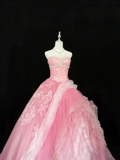 Sweet 15 Quinceanera Dress Ball Gown Sweetheart Pink With Lace Appliques Tulle 15th Birthday Gown RC0254