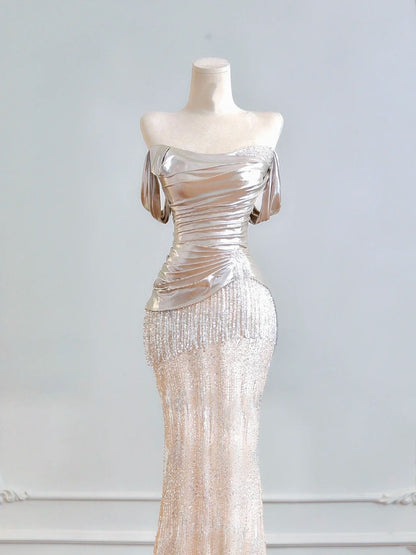 Robe de bal longue sirène scintillante à épaules dénudées et sequins champagne, idéale pour un 18e anniversaire (N389)