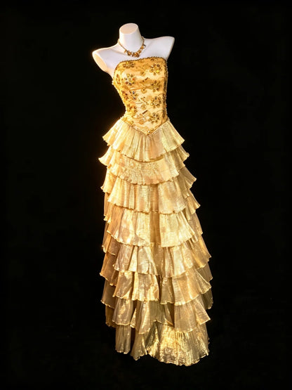 Robe de soirée bustier modeste, dorée à volants étagés, pour bal de promo ou rendez-vous galant N4475