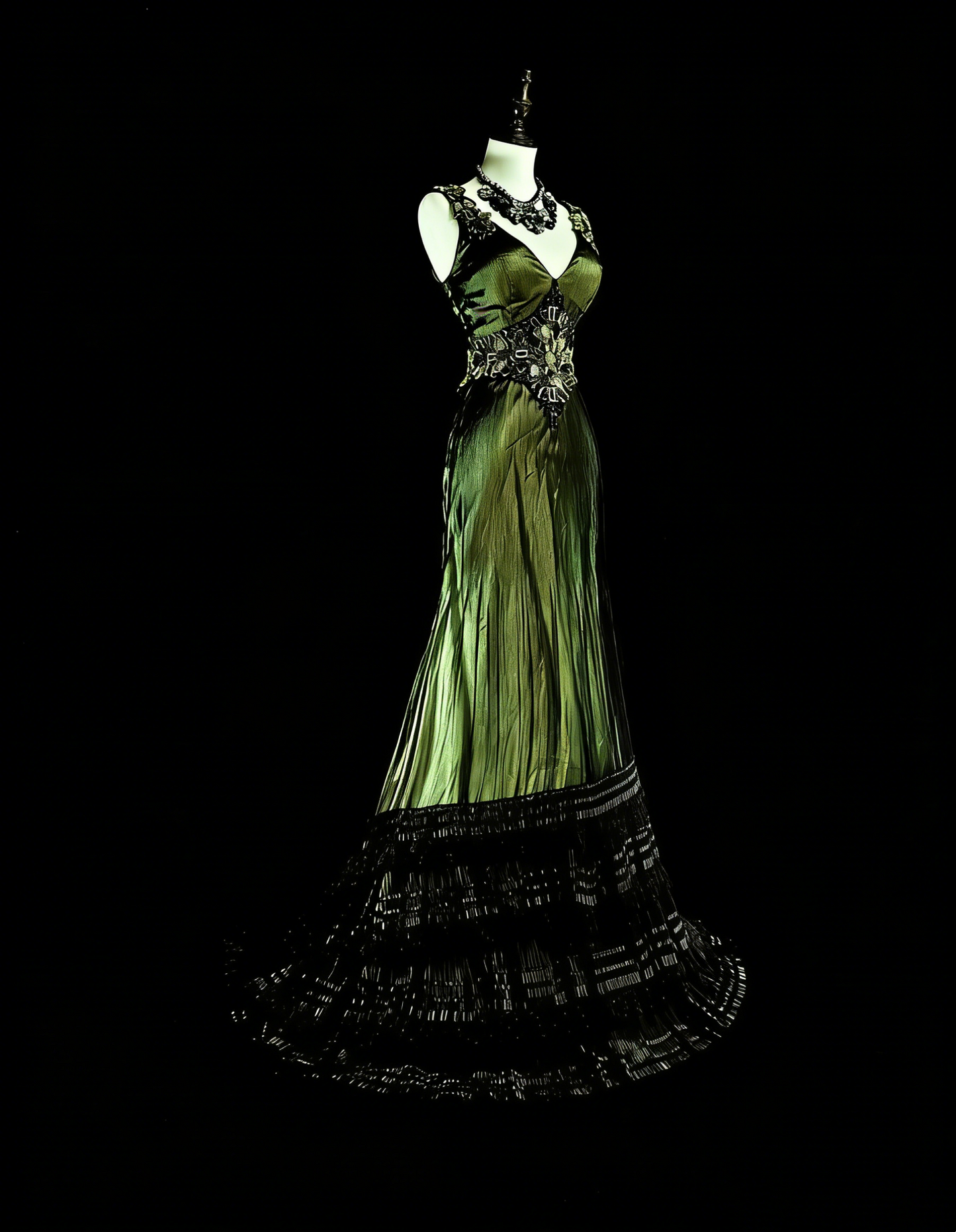 Vintage Abschlussballkleider Meerjungfrau V-Ausschnitt Olivgrün Schwarz Tüll mit Perlen 90er Lange Abendkleid N2716