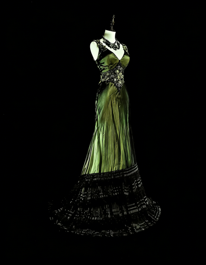 Vintage Abschlussballkleider Meerjungfrau V-Ausschnitt Olivgrün Schwarz Tüll mit Perlen 90er Lange Abendkleid N2716