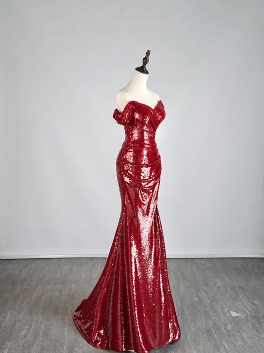 Magnifique robe de soirée sirène bordeaux à épaules dénudées et sequins, manches courtes, modèle N691