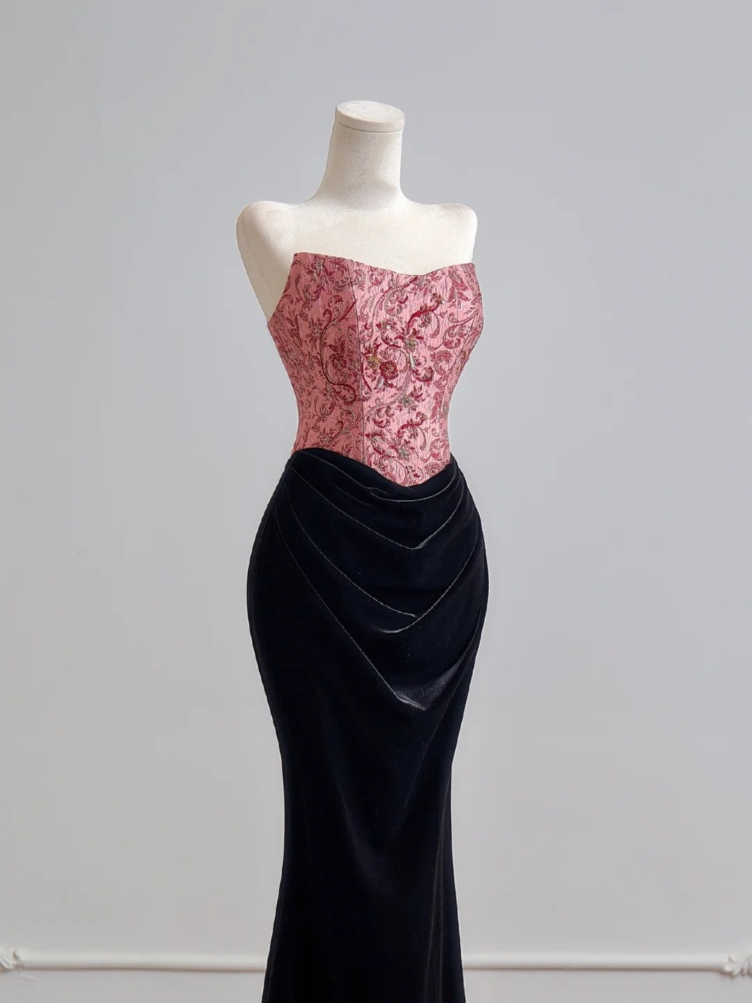 Flattering Mermaid Strapless Pink Satin With Velvet Black Prom Dresses Long Evening Formal Birthday Party Gowns N382