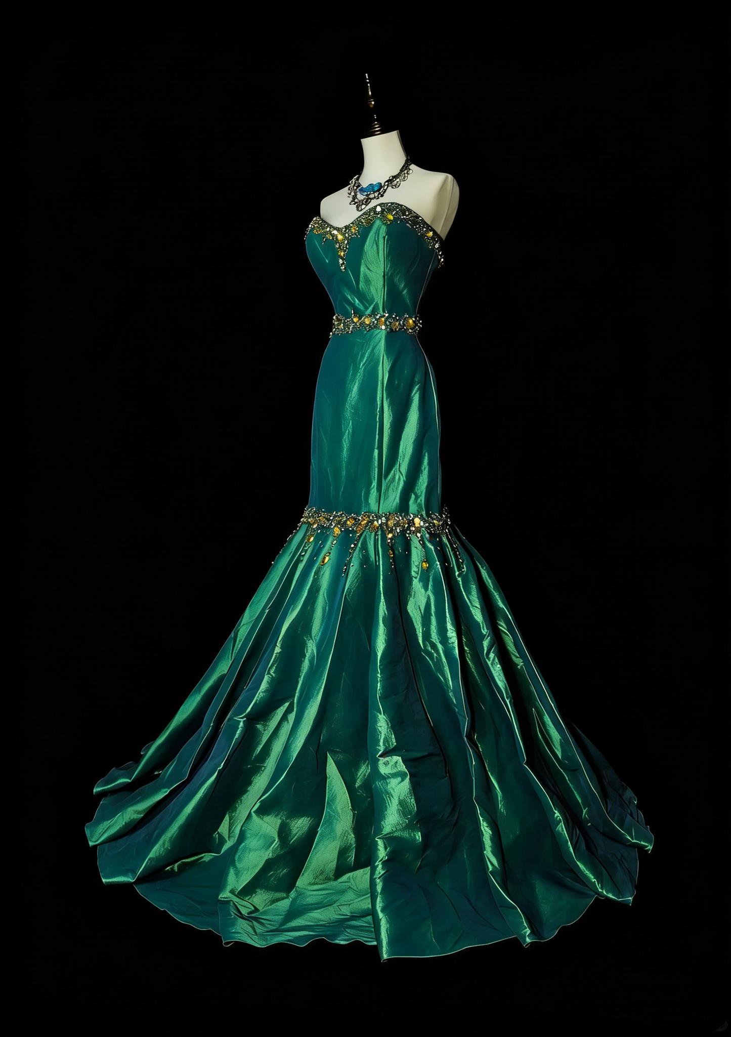 Vintage Meerjungfrauen-Abendkleid aus den 1960er Jahren, dunkelgrün, Satin, ärmellos, lang, formelles Kleid mit Herzausschnitt, N1596