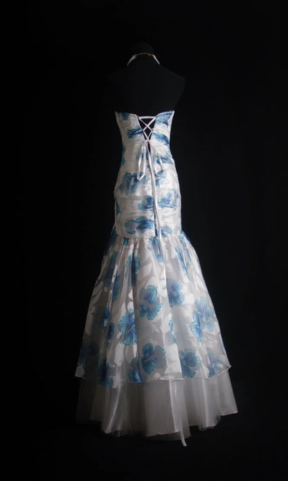 Robe de bal longue rétro sirène à imprimé floral bleu, style années 2000 - Inspiration pour une tenue de 19 ans - Robe de soirée - 499 N
