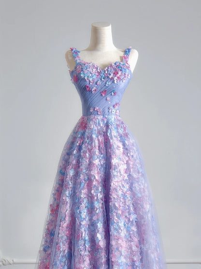 Robe de bal longue de soirée à bretelles spaghetti, coupe princesse, en tulle lilas fleuri, avec foulard intégré, référence N347