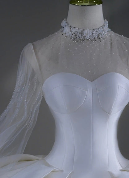 Robe de mariée intemporelle, robe de bal, col montant, satin perlé, traîne courte, robe de mariée longue ajustée AB2521