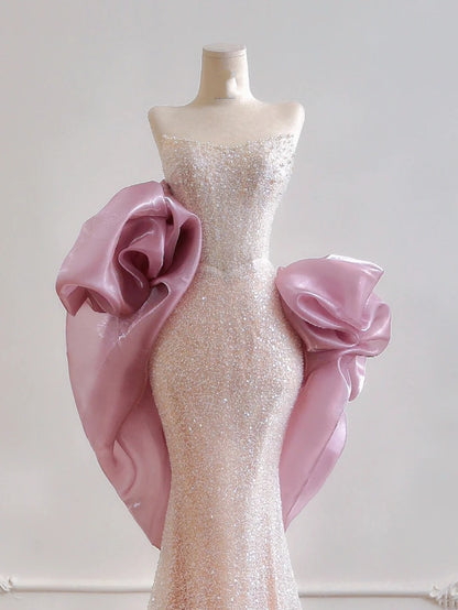 Glamorous Mermaid Strapless Light Pink Sequin With Cape Prom Dresses Long Evening Formal Gown BirthdayParty Gowns N377