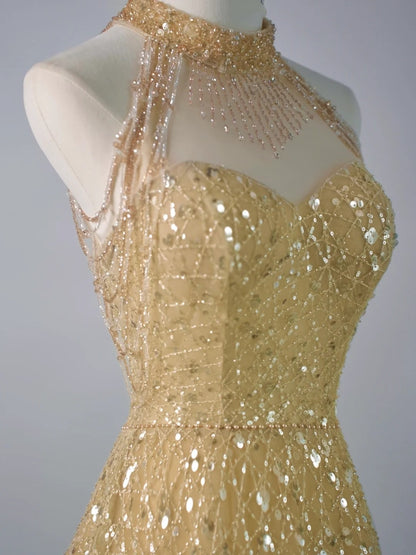 Robe de bal longue à paillettes jaunes, col montant, pour lycéennes (N1290)