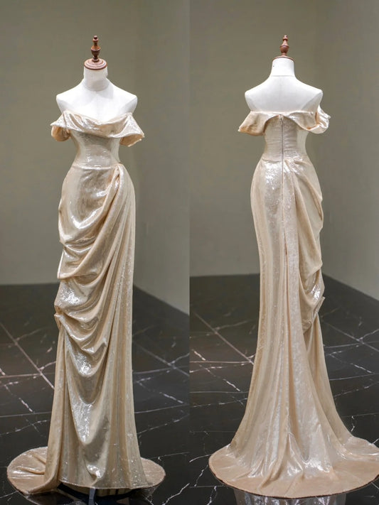 Robe de bal longue sirène modeste à épaules dénudées, couleur champagne, ornée de sequins et de manches, pour femmes et jeunes filles, référence N672