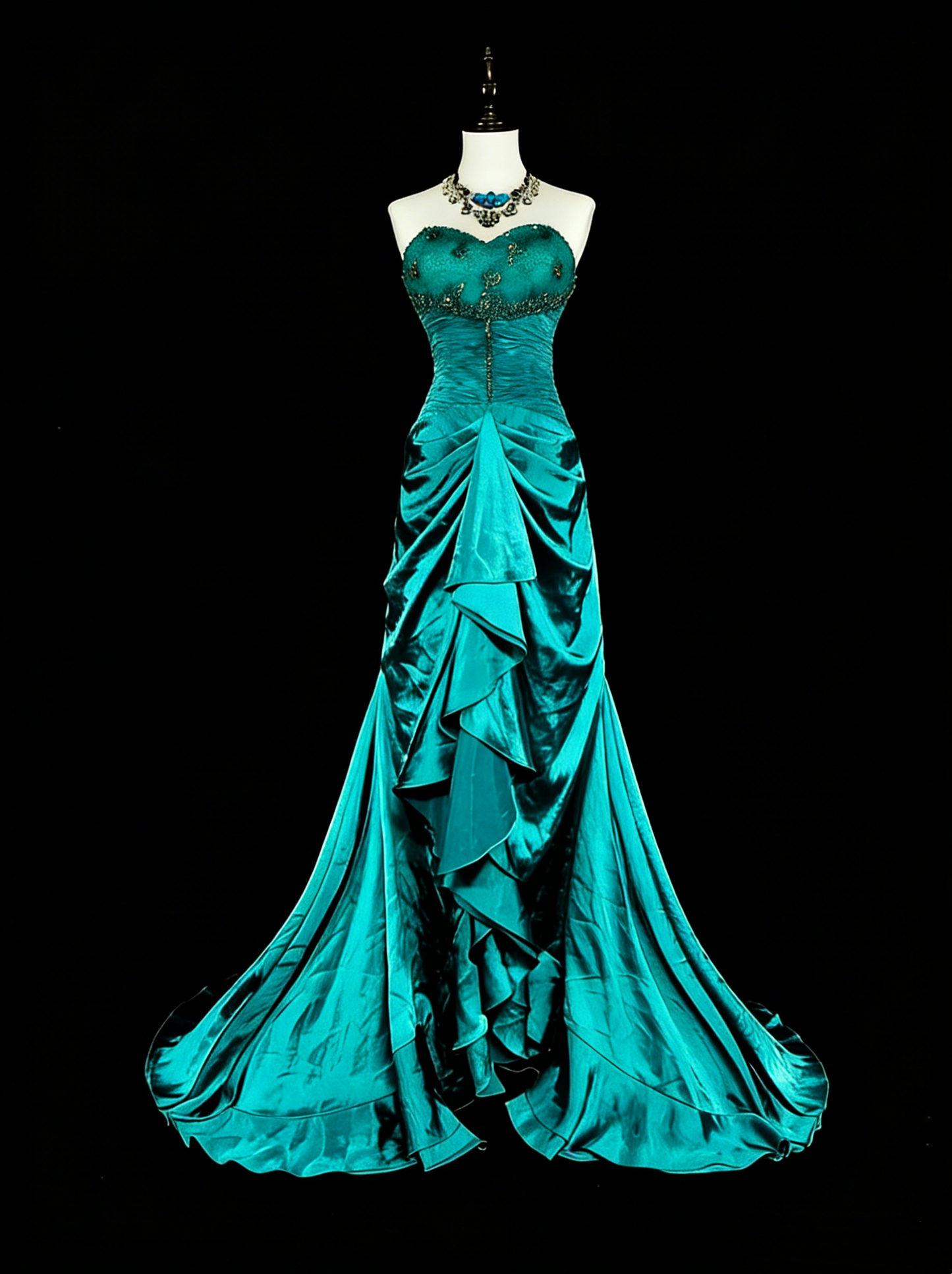 Robe de soirée sirène longue en satin vert style rétro années 60 N2149