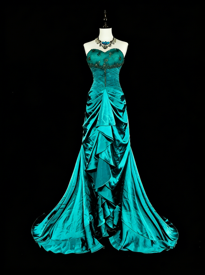 Robe de soirée sirène longue en satin vert style rétro années 60 N2149
