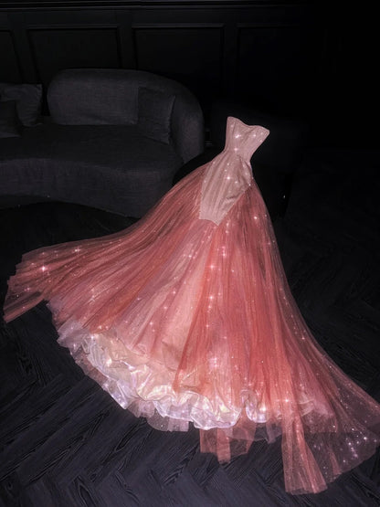 Robe de soirée longue sirène à paillettes rose corail sans bretelles, sans sequins, idéale pour un 18e anniversaire ou un bal de promo (N734)