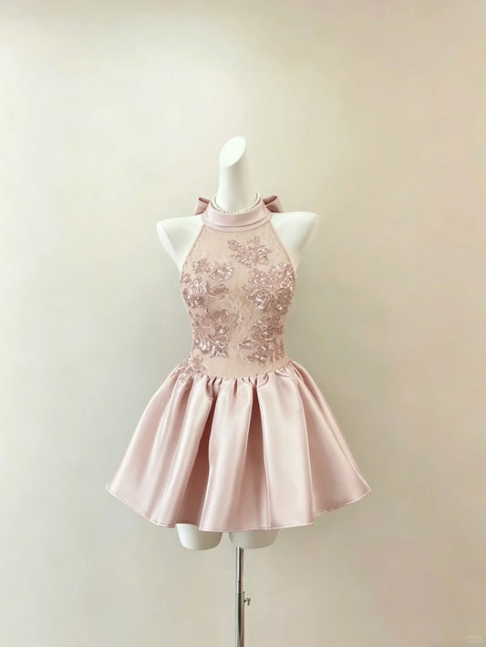 Beautiful Ball Gown Halter Blush Pink With Lace Mini Graduation Dresses Short Inspo Senior Homecoming Outfits RB4698
