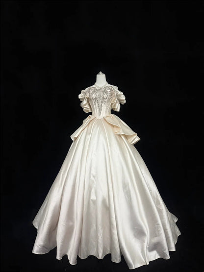 Sweet 15 Quinceanera Dress Ball Gown Off Shoulder Champagne Satin With Sleeves Long 15th Birthday Gown RC0327