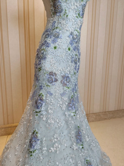 Élégante Robe de Soirée Sirène Grise Épaules Dénudées avec Dentelle pour 18ème Anniversaire et Bal de Promo N4197