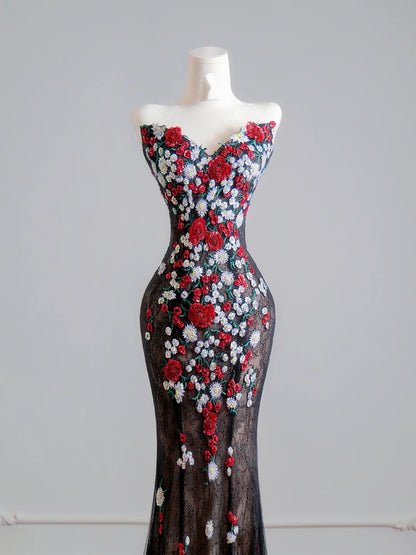 Robe de bal longue sirène en tulle noir avec décolleté cœur et appliques, idéale pour un 18e anniversaire (N344)