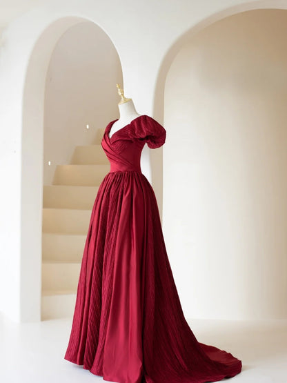 Robe de bal longue bordeaux élégante à col V et manches longues, inspiration robe de soirée formelle N197