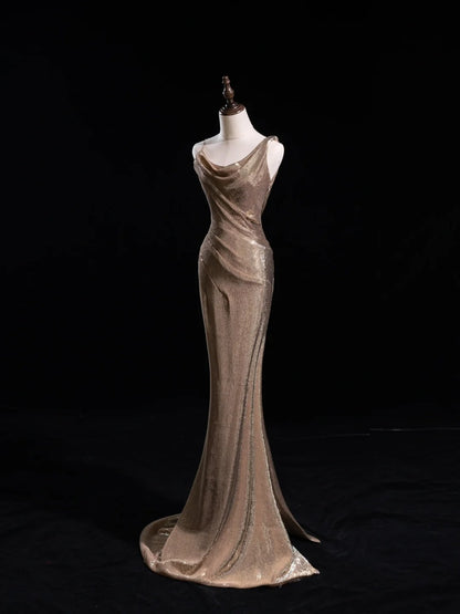 Robe de bal longue sirène à paillettes et col asymétrique, sequins, couleur champagne, inspiration tenue de soirée N228