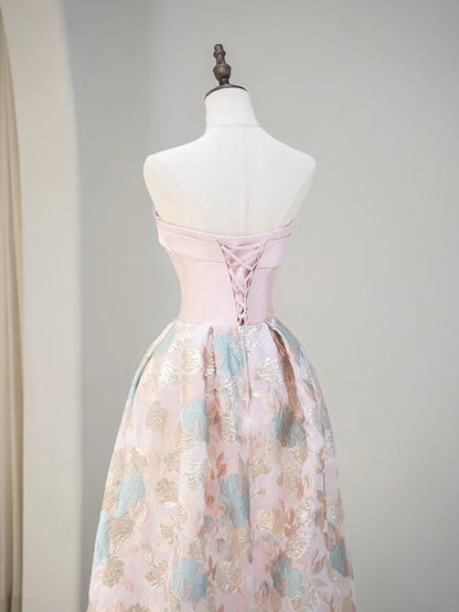 Classy Ball Gown Strapless Pink Floral Satin Prom Dresses Long Party Dress 18th Birthday Outfit Graduation Dress RB1037